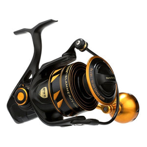PENN Slammer IV spinning fishing reel with black and gold design on a white background